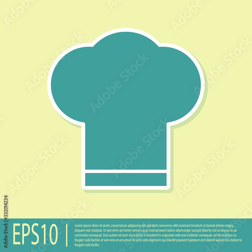 Green Chef hat icon isolated on yellow background. Cooking symbol. Cooks hat. Vector Illustration