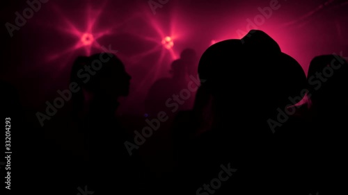 A crowd of people dancing at a music festival. A party in the big hall