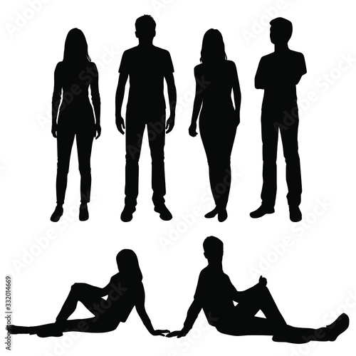 Set of vector silhouettes of men and women, a group of business people sitting and standing in various poses, black isolated on a white background