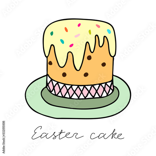 Color hand-drawn vector illustration of a cake with a colorful sweet decoration isolated on a white background with lettering Easter cake
