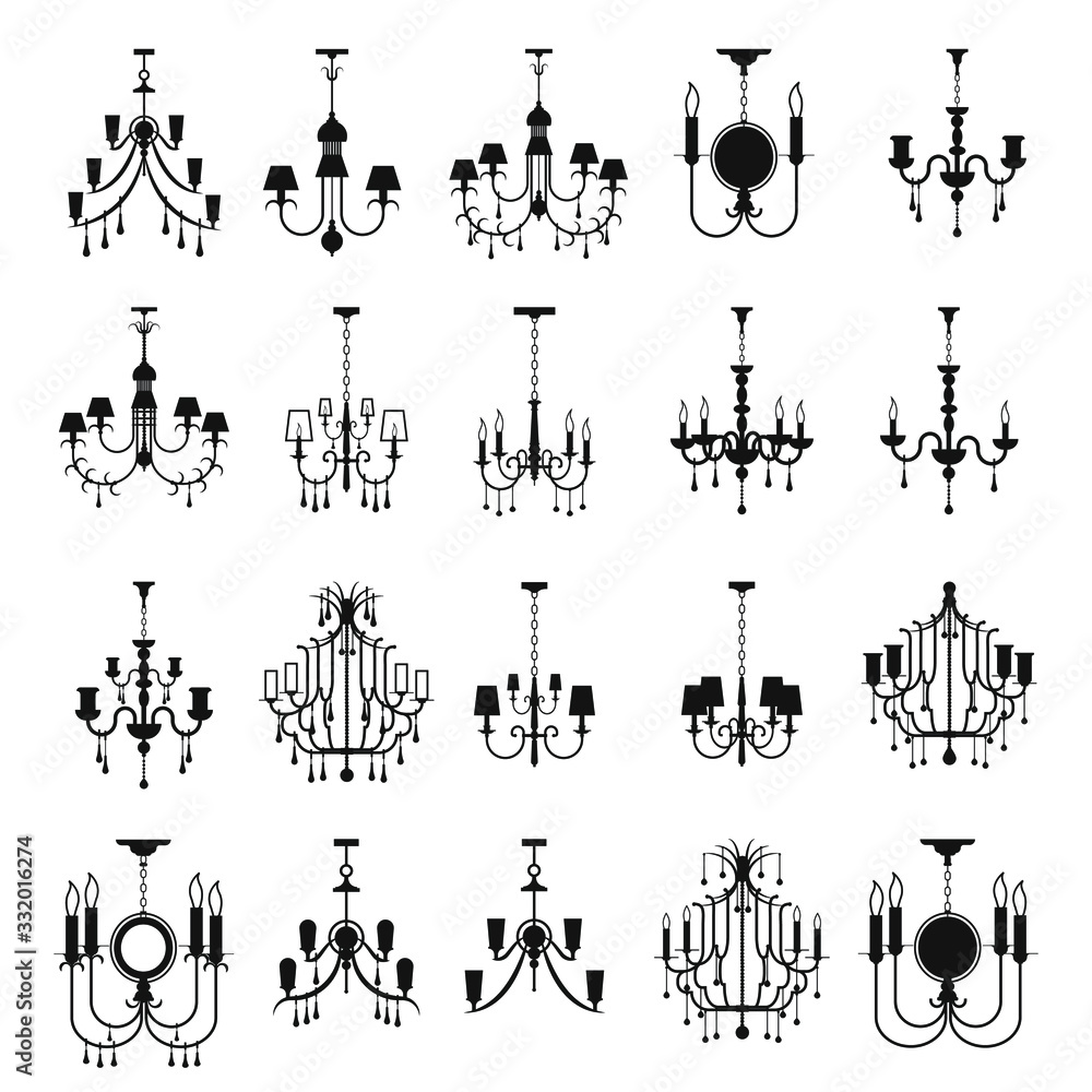 Set of vector chandeliers. Interior furniture icons. Ceiling lamp icon set. Silhouette ceiling lamps light for home appliance indoor furniture.