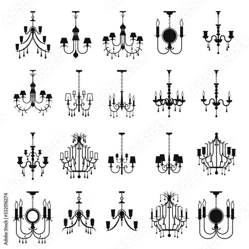 Set of vector chandeliers. Interior furniture icons. Ceiling lamp icon set. Silhouette ceiling lamps light for home appliance indoor furniture.