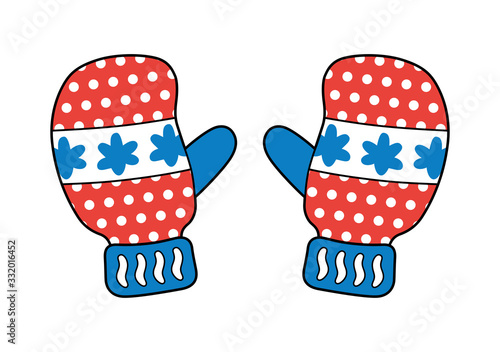 Red blue winter gloves or mittens isolated