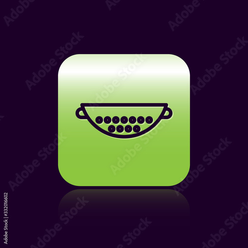 Black line Kitchen colander icon isolated on black background. Cooking utensil. Cutlery sign. Green square button. Vector Illustration