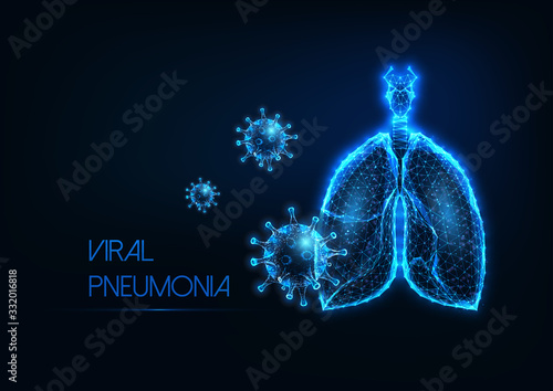 Futuristic coronavirus sars-cov2 research concept with glowing virus cells under magnifying glass