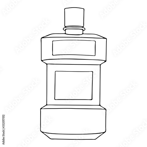 Mouthwash, mouth rinse, dental care product personal oral hygiene home in bathroom. Template plastic bottle liquid. Vector isolated flat doodle realistic drawing black outline white background icon