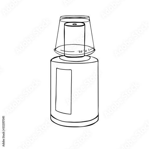 Mouthwash, mouth rinse, dental care product personal oral hygiene home. Template a glass bottle with a measuring cup. Vector isolated flat doodle realistic drawing black outline white background icon