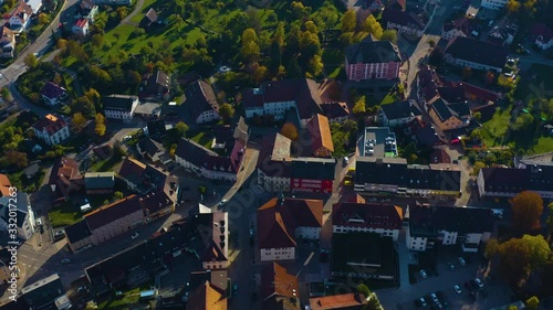 Aerial view of the City Bondorf in Germany. On a sunny day in Autumn, fall. Zoom in on the palace. photo