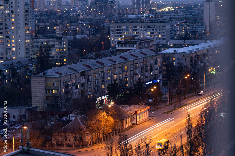 Aerial shot of colorful residential buildings during sunset. Real estate and housing in Kyiv, Ukraine. comfort town 