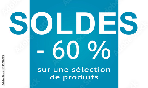 carte ou bandeau soldes à moins 60% sur une sélection de produits en blanc sur fond bleu