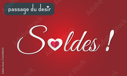 carte ou bandeau soldes "passage du désir" sur fond rouge avec coeur blanc et rouge