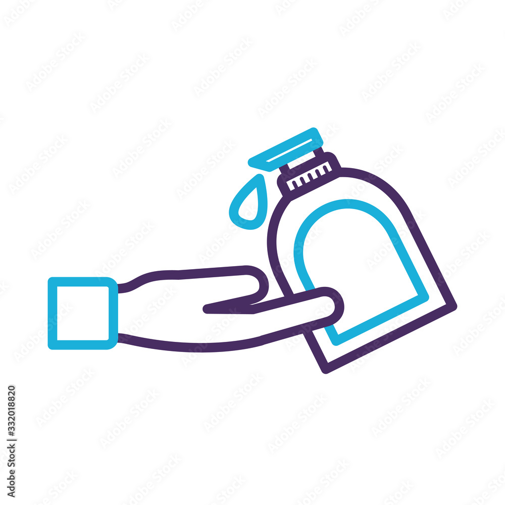 hand using disinfectant bottle with push dispenser line style hand using disinfectant bottle with push dispenser line style