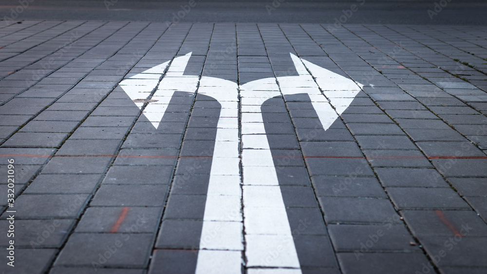 Arrow symbol on forked road. Make choice which way to go