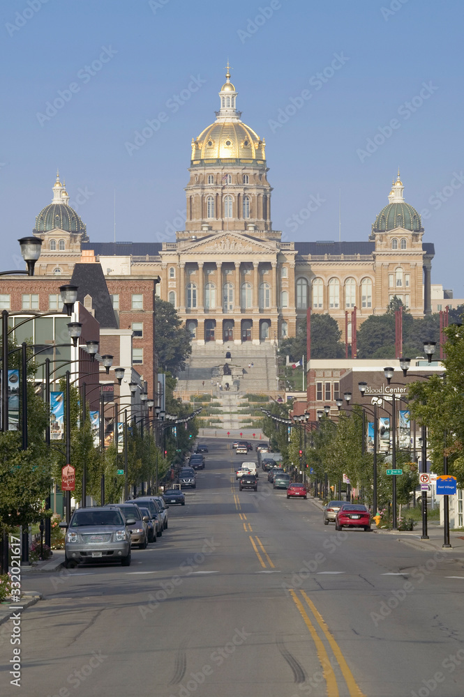 Street to golden dome of Iowa State Capital building, Des Moines, Iowa