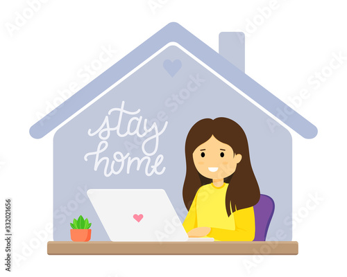Home office concept. Woman working at home at the computer. Student or schoolboy, freelancer, blogger. Isolated vector illustration in a flat style. Stay at home during the epidemic of the covid-19.