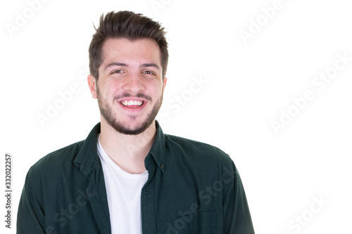 handsome smiling young man laughing joyful cheerful man in white background