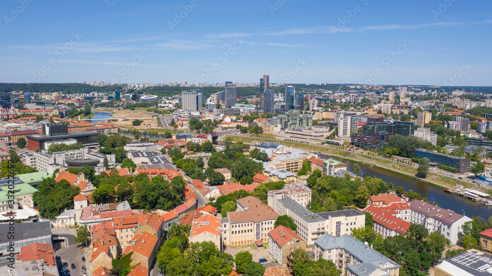 Beautiful panoramic aerial view photo from flying drone to Vilnius Old Town on a sunny summer day Vilnius, Lithuania (series)
