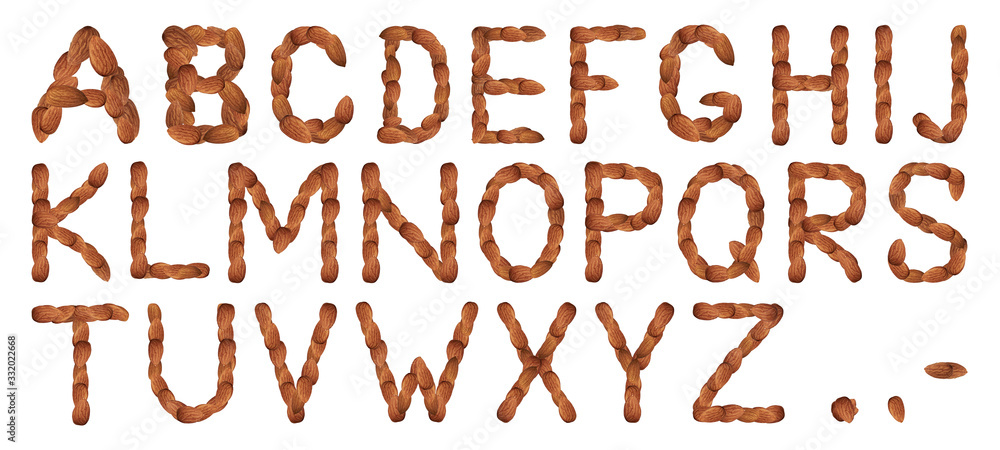 English alphabet lined with almonds on a white background, isolate English alphabet lined with almonds on a white background, isolate