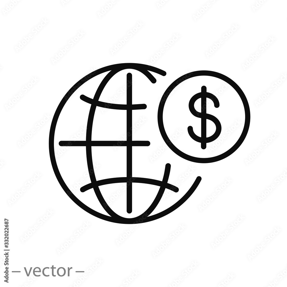 internet commerce icon, invest money at foreign bank, globe with coin, global economy, thin line web symbol on white background - editable stroke vector illustration eps10 internet commerce icon, invest money at foreign bank, globe with coin, global economy, thin line web symbol on white background - editable stroke vector illustration eps10