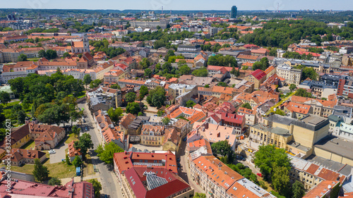 Beautiful panoramic aerial view photo from flying drone to Vilnius Old Town on a sunny summer day Vilnius, Lithuania (series)