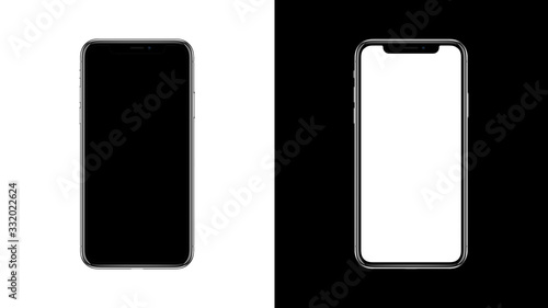 mockup comparative background with two iPhones 11 X Xr  in white and black boxes. 3d render Smartphone frameless with blank screen for Infographic App Web
