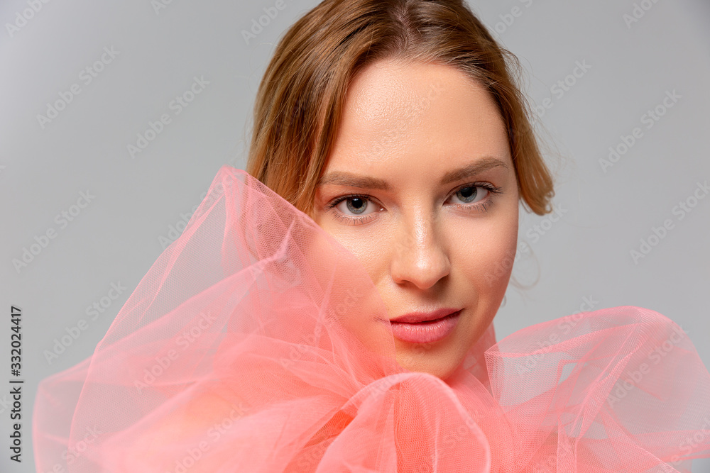 beautiful woman portrait with red lips and red veil over her head beautiful woman portrait with red lips and red veil over her head