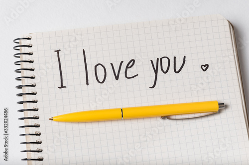 I love you, inscription in notebook. Pen on notepad. White background, close up