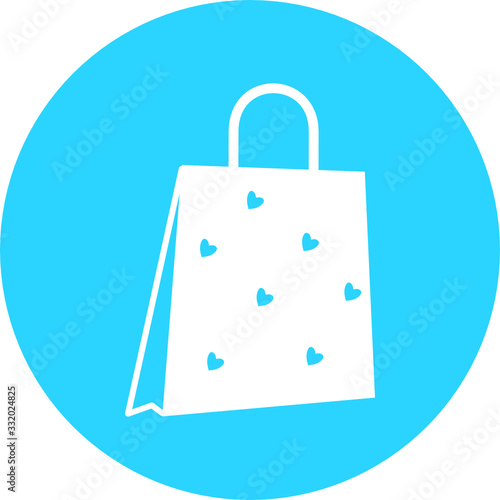 Paper shopping bag icon, logo in blue circle. Shopping bag for advertising and branding collection for retail design, products and things. Perfect for your web page, ui, mobile. Gift boxing vector.