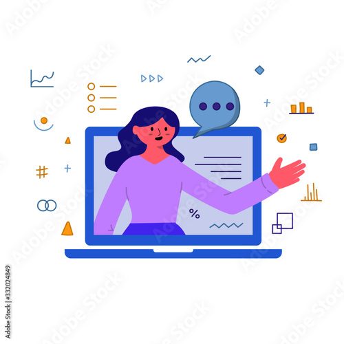 Vector Illustration Business long distance communication, businesswoman  using videoconference and virtual communication, online meeting with videochat Flat Style