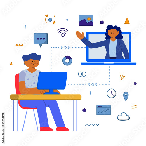 Vector Illustration Business long distance communication, businessman and businesswoman  using videoconference and virtual communication, online meeting with videochat Flat Style