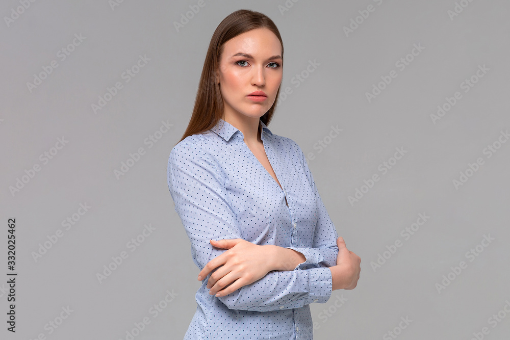 Attractive confident creative good-looking female bossy employee cross arms chest self-assured pose smiling assertive ready accomplish goals feeling lucky standing monochromatic background Attractive confident creative good-looking female bossy employee cross arms chest self-assured pose smiling assertive ready accomplish goals feeling lucky standing monochromatic background