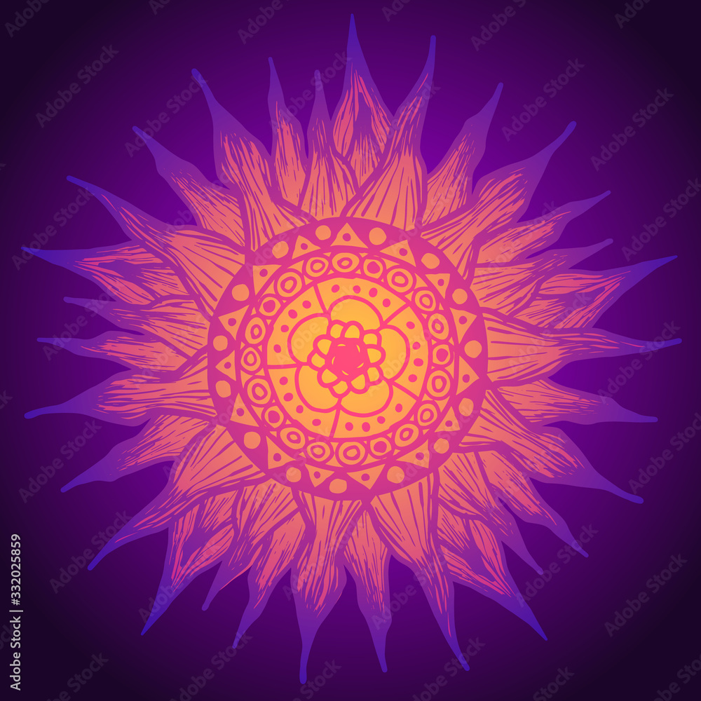 Vector yellow-violet sun mandala pattern with rays and flower in the center.