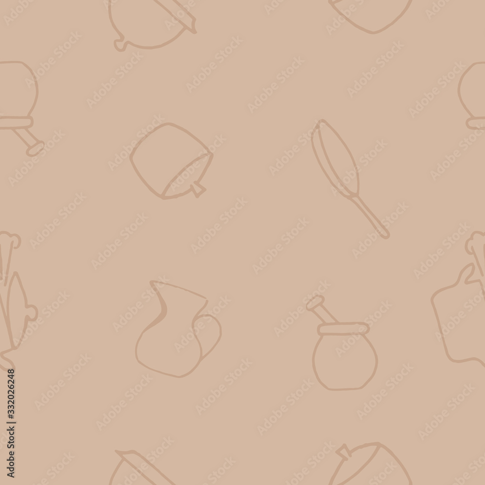 Seamless background. Set of kitchen accessories in doodle style Seamless background. Set of kitchen accessories in doodle style