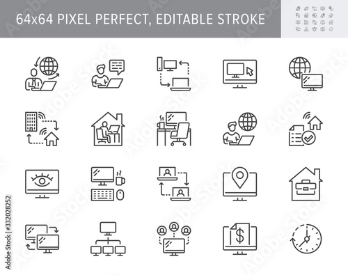 Work from home line icons. Vector illustration included icon as freelance worker with laptop, workspace, pc monitor, business outline pictogram for online job. 64x64 Pixel Perfect, Editable Stroke