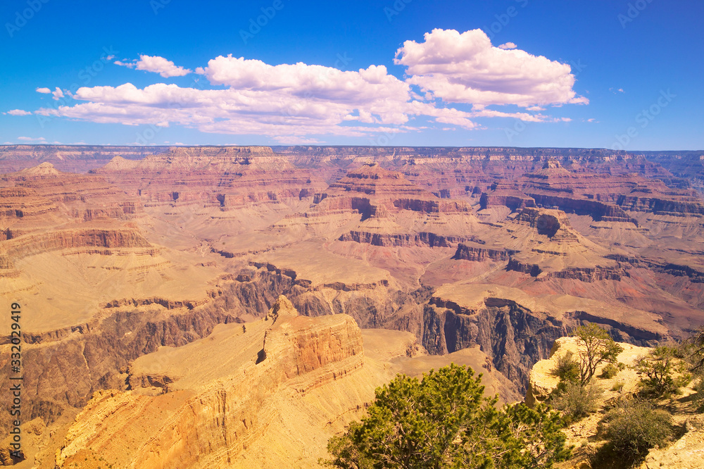 Edge of South Rim of Grand Canyon National Park in mid-summer in Arizona