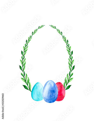 Fotografie Easter wreath with green leaves and colorful eggs on a white background
