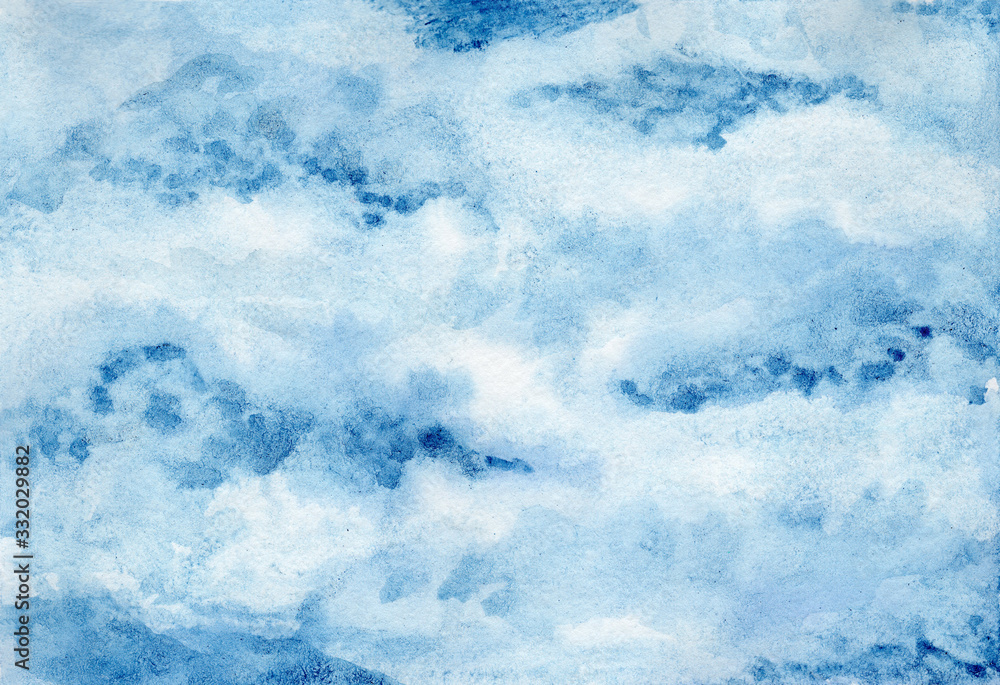 Bright blue, white and turquoise cloudscape wet watercolor background, wash technique. Clear sky with clouds watercolour texture concept illustration