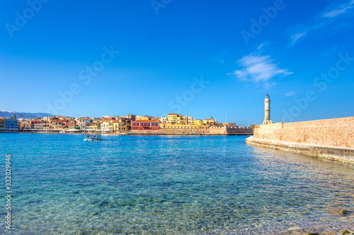 Aerial view of Chania with the amazing lighthouse, mosque, venetian shipyards, Crete, Greece.