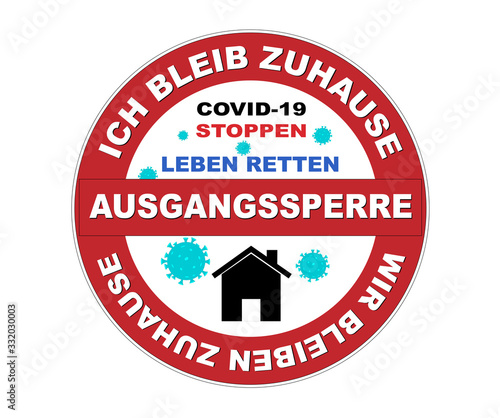 Siegel und Button „ICH BLEIB ZUHAUSE“ wegen Coronavirus, COVID-19 Stoppen, LEBEN RETTEN, Ausgangssperre, Vektor Illustration isoliert auf weißem Hintergrund