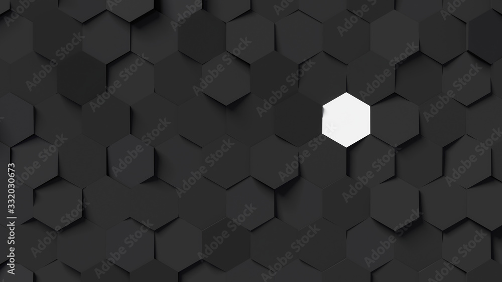 Abstract black hexagon background with single white field; honeycomb pattern isolation concept 3d rendering, 3d illustration Abstract black hexagon background with single white field; honeycomb pattern isolation concept 3d rendering, 3d illustration
