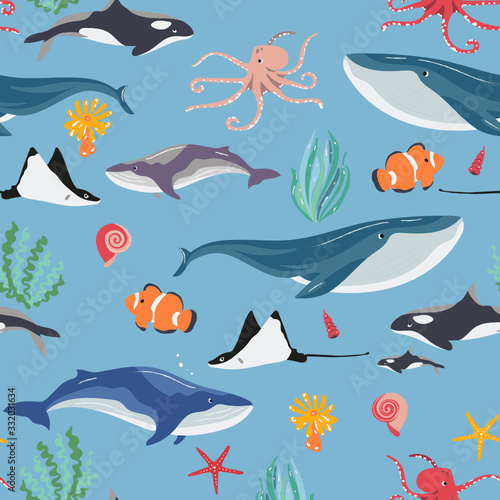 underwater world fish and whales, starfish, algae