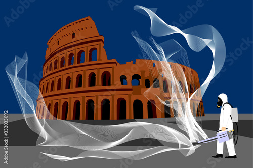  The struggle of Italy with the coronavirus. Coronavirus pandemic (2019-nCov). Global catastrophe. Vector illustration of disinfection of Italy (Rome, Colosseum).