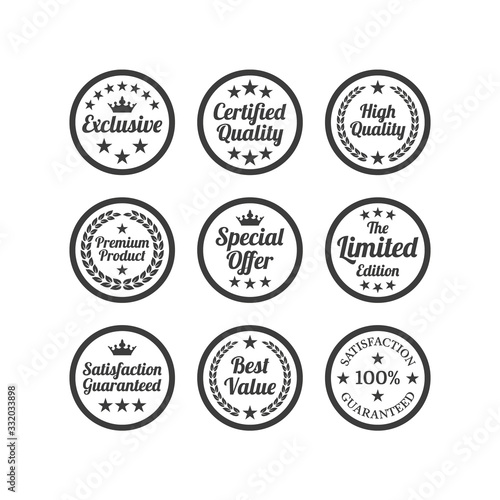 Collection of flat labels on white background.