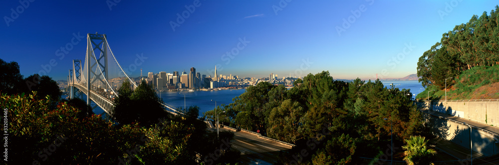 View of the Bay Bridge and downtown San Francisco from Treasure Island, San Francisco, California