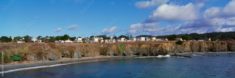 Panoramic view of Mendocino town and Pacific Ocean in Northern California