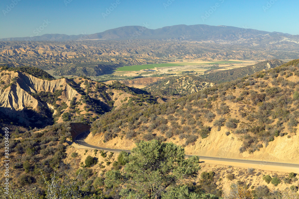 Highway 33 overview of Cuyama Valley with Green Field in Southern California