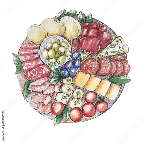 Charcuterie board watercolour illustration  on white background