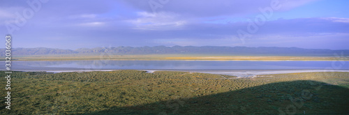 Panoramic view of Soda Lake at sunset in Carrizo Plain National Monument, San Luis Obispo County, California