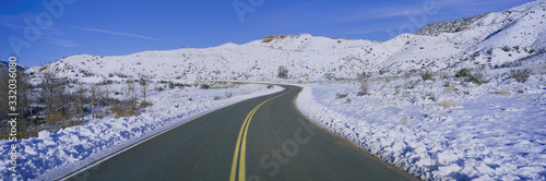 Panoramic view of winter snow along Route 33 in the Los Padres National Forest Wilderness area known as the Sespe  California