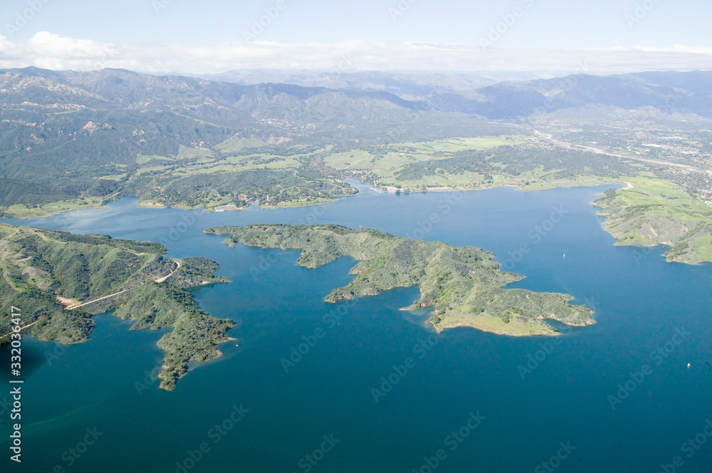 Aerial view of lake island within Lake Casitas in spring in Ventura County, Ojai, California